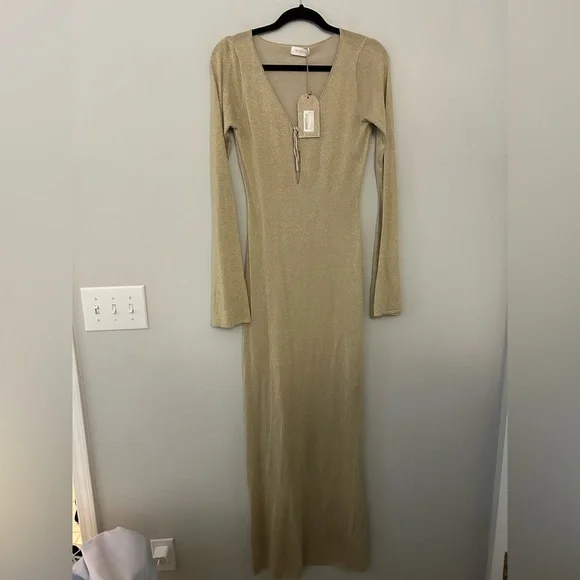 NWT Meshki Kamila Gold Maxi Dress with Long Sleeves - Picture 3 of 9